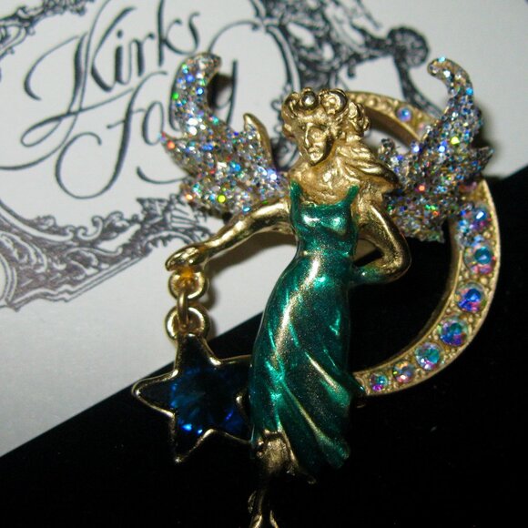 KIRKS FOLLY NEW OLD STOCK SIGNED FAIRY W/CRESCENT MOON AND BLUE STAR BROOCH SALE - Picture 1 of 6